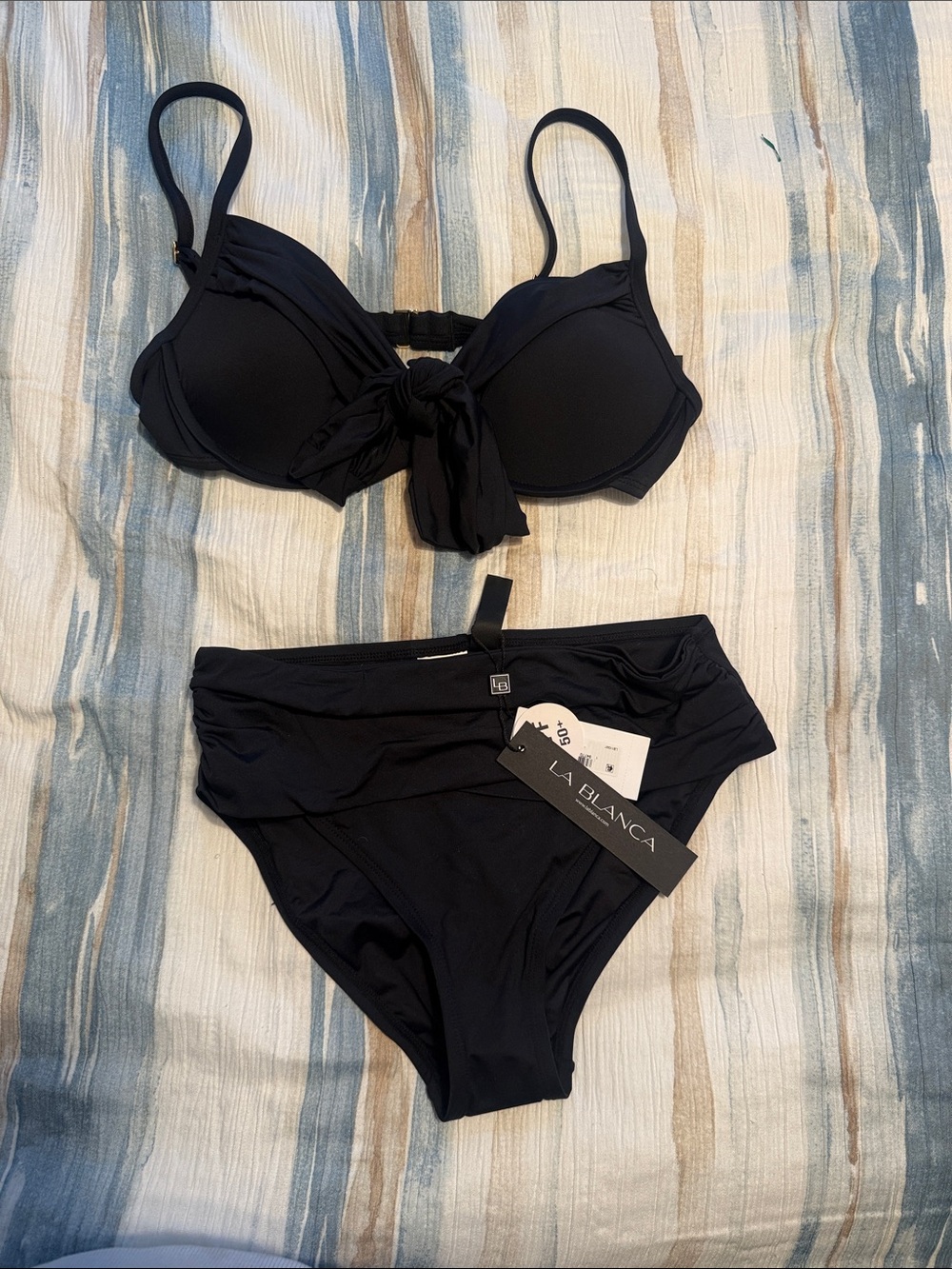 La Blanca Black Tie-Front Underwire Bikini Top with High-Waist Bottoms
